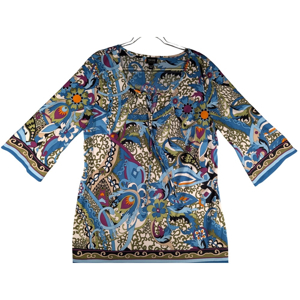 Nicole by Nicole Miller Blue Floral Paisley Tie Neck Tunic Blouse Women XL